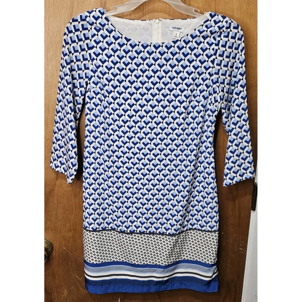 OLD NAVY Cobalt Blue Diamond/ Geometric Lined Back Zip 3/4 Sleeve Dress Size S